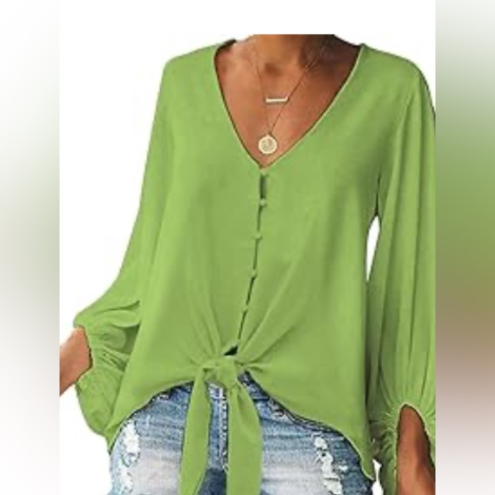 Women's Green V-Neck Button-Down Top